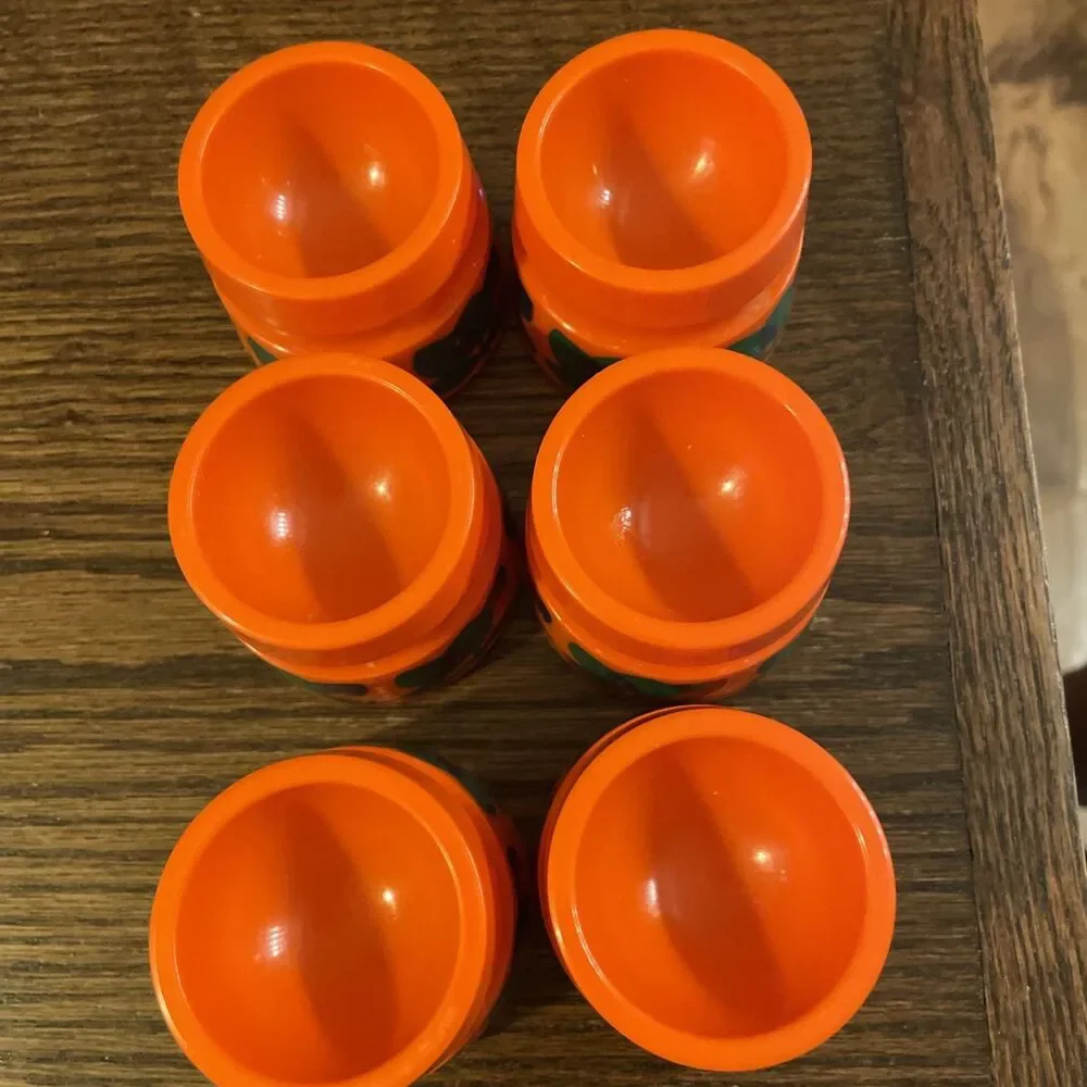 6 Vintage Plastic Egg Cups Mid Century Bright Orange Groovy Floral